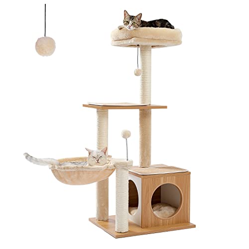 PEQULTI Cat Tree Modern Cat Tower for Indoor Cats,Multilevel Cat Play House with Large Condo, Spacious Hammock, Cozy Top Perch,Scratching Post and Dangling Balls - color: Beige, size: 43''