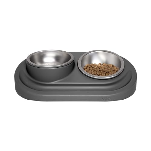 Ubbi Pet Feeding Bowls Set with Non-Slip Mat, Elevated & Flat Stainless Steel Dog or Cat Bowls, Ergonomic 15° Angled Feeder, Dishwasher Safe, Charcoal Gray - color: Charcoal