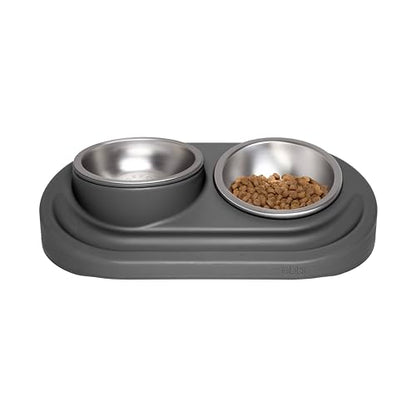 Ubbi Pet Feeding Bowls Set with Non-Slip Mat, Elevated & Flat Stainless Steel Dog or Cat Bowls, Ergonomic 15° Angled Feeder, Dishwasher Safe, Charcoal Gray - color: Charcoal