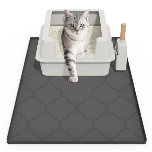Cat Mat for Litter Box, 34" X 22" Large Silicone Cat Litter Trapping Mat, Easy Clean for Scatter Control, Soft on Kitty Paws, Waterproof, Urine-Proof, Non-Slip Kitty Litter Mat for Floor, Black