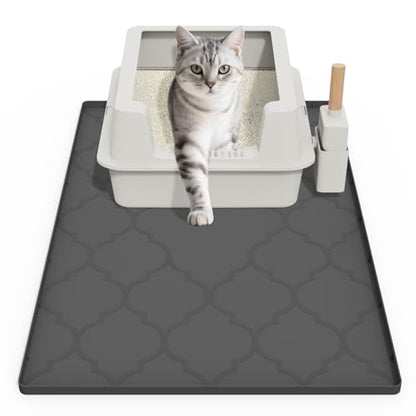 Cat Mat for Litter Box, 34" X 22" Large Silicone Cat Litter Trapping Mat, Easy Clean for Scatter Control, Soft on Kitty Paws, Waterproof, Urine-Proof, Non-Slip Kitty Litter Mat for Floor, Black
