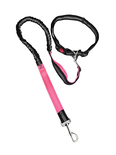 Hands Free Dog Leash for Running Waist Leash for Dog Walking, Double Handle Bungee Leash with Reflective Stitching and Adjustable Dog Walking Belt, Black/Rosy Red - color: Black/Rosy Red
