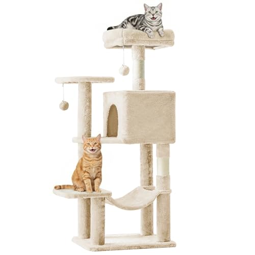 DUMOS Small 44 Inch Cat Tree Tower, Cat Climbing Tower with Natural Sisal Scratching Posts, Hammock, Pet Condo for Indoor Cats and Kittens Play, Beige - color: Beige, size: 44 Inch