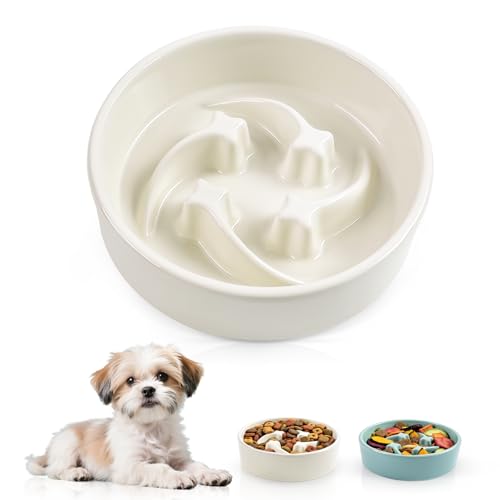Ceramic Slow Feeder Dog Bowls, 0.6 Cups Dog Food Dish for Small and Medium Breed, Puzzle Dog Food Bowl for Fast Eater, 15OZ, 6.3 inch(Beige) - color: Beige-M