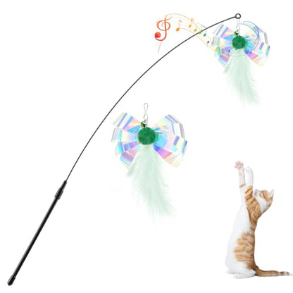Pawaboo Feather Teaser Cat Toy, Interactive Feather Wand Cats Toy Flying Feathers Cat Catcher with Extra Long 34.5" Wand and Small Bell, Exerciser Playing Toys for Kitten or Cats, Green Butterfly - color: Green Butterfly