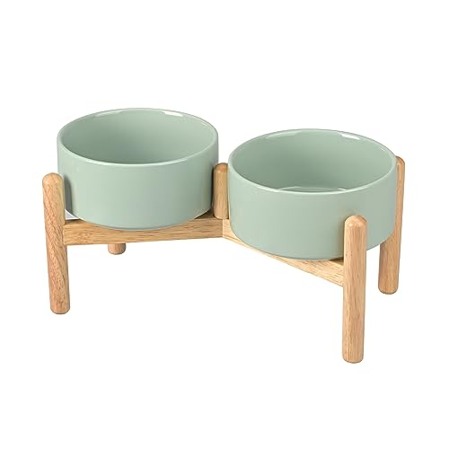 SPUNKYJUNKY Ceramics Raised Dog Bowls with Wooden Stand - Elevated Bowls for Small Medium Dogs (Double 28.7OZ, Light Green) - color: Light Green (Double Bowls Set), size: Medium - 3.6 CUPS