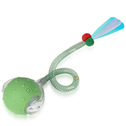 Interactive Cat Toys Ball for Indoor Cats, Automatic Moving Ball Toy with Elastic Mesh Tail, Chirping & Obstacle Avoidance and Motion Activated, Green【Rechargeable】 - color: Green