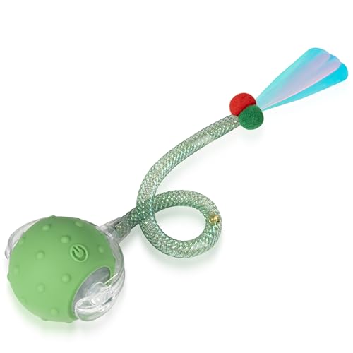 Interactive Cat Toys Ball for Indoor Cats, Automatic Moving Ball Toy with Elastic Mesh Tail, Chirping & Obstacle Avoidance and Motion Activated, Green【Rechargeable】 - color: Green