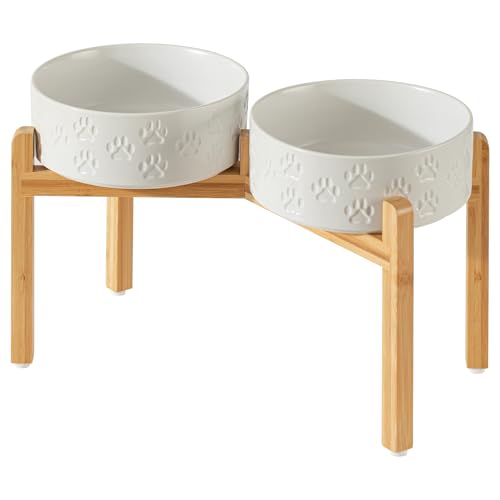 Elevated Ceramic Dog Bowls, 8.3" Dog Dishes with Stand, Elevated Food & Water Bowls for Large Breed Dogs, 2 Non-Slip Feeding Bowls, Microwave Safe (Double Bowls + Stand - White, 8 inch) - color: Double Bowls + Stand - White, size: L - 8.3 Inch
