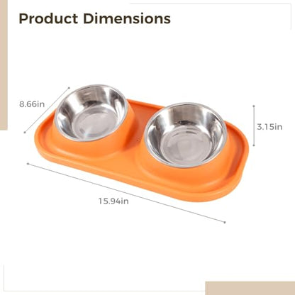 Cat and Dog Double Feeding Bowl Set with Non-Slip Silicone Base Mat, 15.9×8.7×3.1, Orange