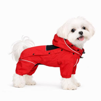 LOVELONGLONG Waterproof Dog Raincoat with Removable Hood – Outdoor Full Body Dog Jacket, Windproof Snowproof Shell Suit – All Season Pet Rain Gear Red XXS - color: Red, size: XXS (Back 9")