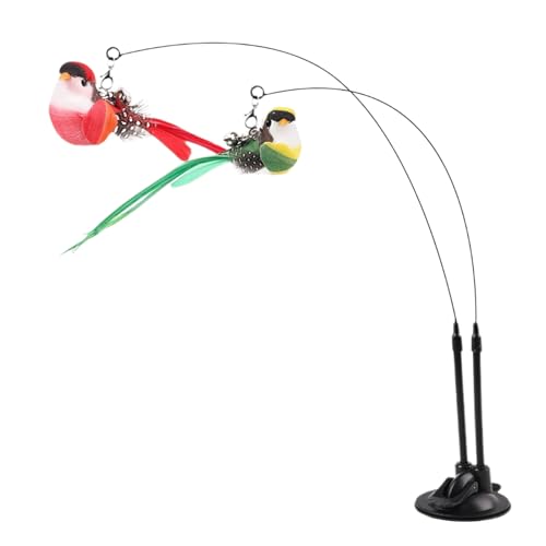 Cat Wand Toy, Suction Cup Interactive Teaser, 2-in-1 Feature with Simulated Chirping Bird for Teething and Foraging, Cat Play Wand with Engaging Design, Teaser Toy for Calming and Training