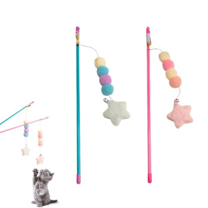 2 PCS Cat Wand Toy Interactive Cat String Toys Elastic Rope Plush Ball Star Pendant Cat Feather Toy Cat Stick Toy for Indoor Cat Mice and Animals Toys Pet Supplies