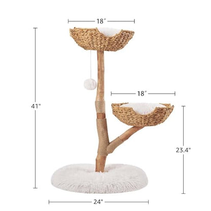 unipaws Wood Cat Tree Tower for Large Cats 20lbs, Updated Enlarge 24" Base with Dual Woven Baskets, 41" H Cat Activity Tree with Plush Cushions and Scratching Post - size: 2 baskets