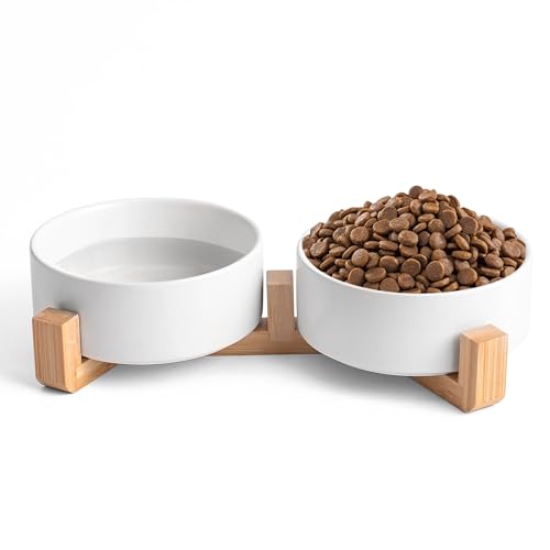 Mowtanco White Ceramic Dog & Cat Bowl Set – 13.5 OZ with Wooden Stand, Non-Slip, Elevated Design for Small Dogs & Cats – 2 Bowls (Food & Water, Ceramic Pet Bowls, Modern Dog Bowls) - color: White × 2