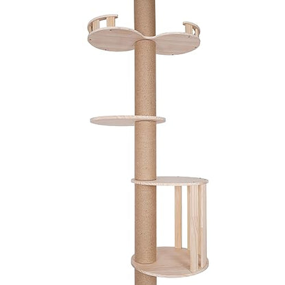 Modern Wooden Floor-to-Ceiling Cat Tree Tower, with Natural Sisal Rope Scratching Post, Height 100.4-104.3 Inch, Activity Center Cat Climbing Tower for Kittens & Large Cats