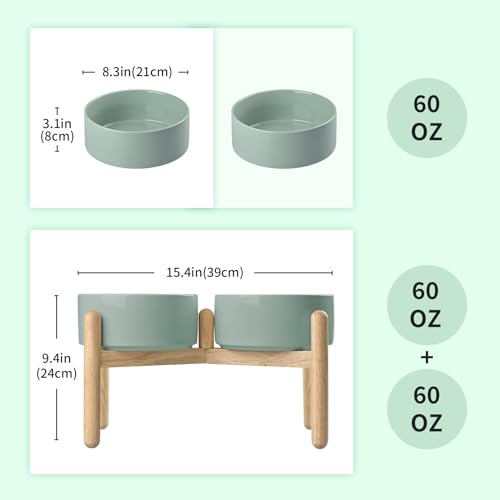 SPUNKYJUNKY Ceramics Elevated Dog Bowls with Wooden Stand Raised Bowl for Medium Large Dog Food and Water Pet Feeding Bowl(Double 60OZ Bowls,Light Green) - color: Light Green (Double Bowls Set), size: Large - 7.6 CUPS
