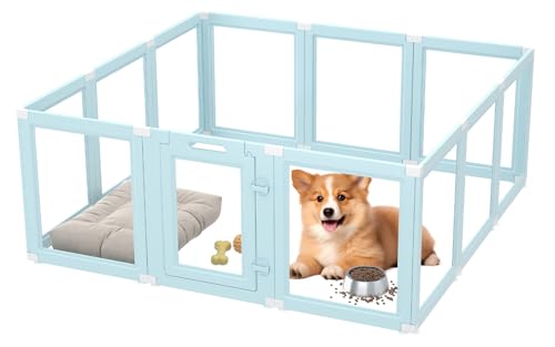 DIY Clear Acrylic Dog Playpen Indoor, Transparent Easy Cleansing Puppy Fence with Suction Cup, Easy-Assemble Indoor Whelping Crate for Small Puppies (23.6" H, 12PCS), Blue - color: Blue, style: 12PCS