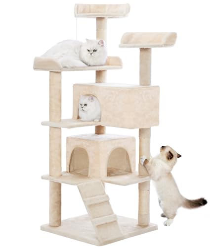 Made4Pets Cat Tree Tower 56in Cat Tower for Indoor Cats Kitten Tree Multi-Level Cat Tree with 2 Condo Furniture Activity Center with Scratching Posts Funny Toys Kittens Pet Play House, Beige - color: Beige