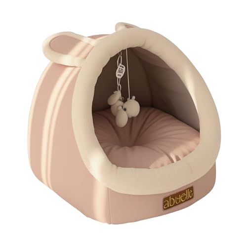 Cat Bed Cave with Hanging Plush – Covered Pet House Tent, Cat Caves for Indoor Cats and Kittens, Soft, Foldable & Cozy Hideaway Hut - Dome Shaped Igloo Bed with Washable Cushion (Medium) - size: Medium
