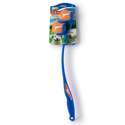 Chuckit! The Duo 22M Double Launcher Dog Toy, 22" Length, Includes 2 Medium Tennis Balls (2.5") Size Medium for Breeds 20-60lbs, for Multi-Dog and Pack Play, Launches Two Balls at Once - style: The Duo