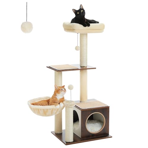 PEQULTI Modern Cat Tree for Indoor Cats,Multilevel Play House Cat Tower with Cat Condo, Scratching Post, Cozy Hammock and Plush Pompom, Brown - color: Brown, size: 43''