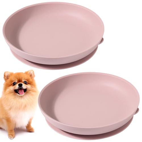 Silicone Dog Bowl Set of 2 No Spill Puppy Food & Water Dish Less Mess Cat Dry Food Plates with Suction Cup Non-Tippable Feeding Wet Food Bowls for Small & Medium-Sized Pets (Round Pink) - color: Pink