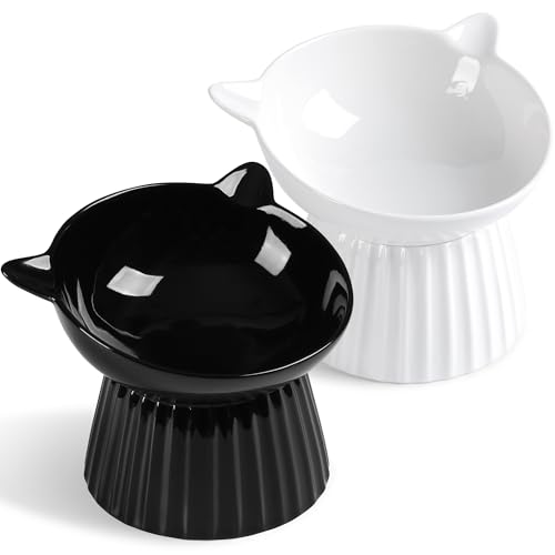 Ceramic Raised Cat Bowl，Tilted Raised Bowl Anti Vomit Bowls for Indoor Cats Whisker Friendly Pet Feeder for Cats Puppies, Microwave and Dishwasher Safe - color: White+Black
