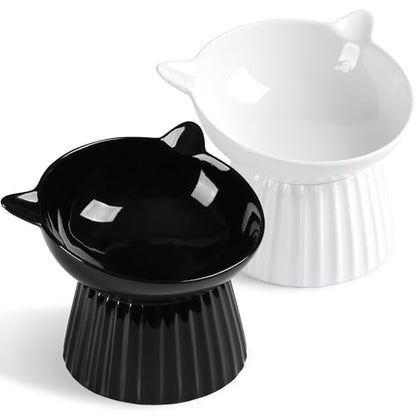 Ceramic Raised Cat Bowl，Tilted Raised Bowl Anti Vomit Bowls for Indoor Cats Whisker Friendly Pet Feeder for Cats Puppies, Microwave and Dishwasher Safe - color: White+Black