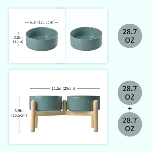 SPUNKYJUNKY Ceramics Raised Dog Bowls with Wooden Stand - Elevated Dog Feeding Set (Double 28.7OZ, Dark Green) - color: Dark Green (Double Bowls Set), size: Medium - 3.6 CUPS