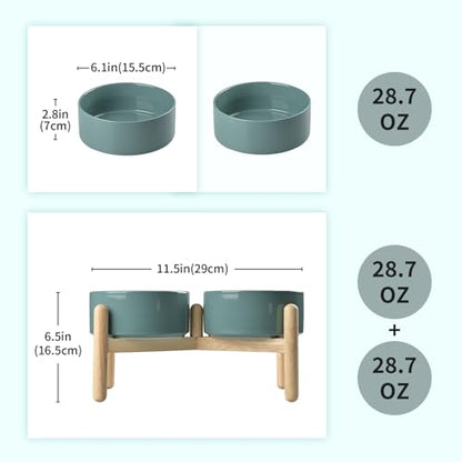 SPUNKYJUNKY Ceramics Raised Dog Bowls with Wooden Stand - Elevated Dog Feeding Set (Double 28.7OZ, Dark Green) - color: Dark Green (Double Bowls Set), size: Medium - 3.6 CUPS