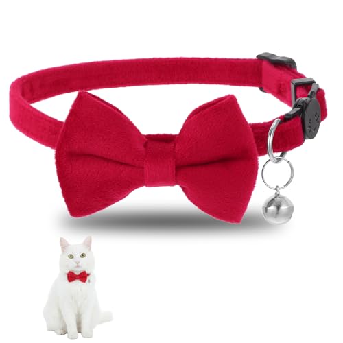 Cat Collar Breakaway Cat Bow Tie Adjustable from 7 to 11 Inches Soft Velvet Bowtie Cat Collar with Bell for Kitten Puppy Cats Wedding Costumes (Red) - color: Red