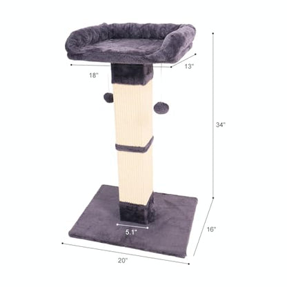 34" Cat Scratching Post for Indoor Cats, Sisal Cat Scratcher with Large Plush Perch, Vertical Posts with Elevated Bed and with Two Dangling Balls, Removable & Washable Cover, Dark Grey - color: Dark grey