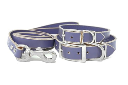 Handmade Personalized Bridle Leather Dog Collar, Engraved Stainless Steel Nameplate (Periwinkle Purple) - color: Periwinkle Purple