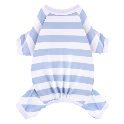 Dog Pajamas Pjs Stretchable Strip Dog Jumpsuit 4 Legs Pjs for Summer Dog Clothes Puppy Onesies Doggie Outfit (Light Blue, Small (Chest 13in)) - color: Light Blue, size: Small (Chest 13in )