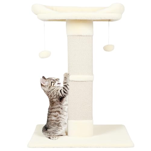 34" Cat Scratching Post for Indoor Cats, Sisal Cat Scratcher with Large Plush Perch, Vertical Posts with Elevated Bed and with Two Dangling Balls, Removable & Washable Cover, Beige White - color: Beige white
