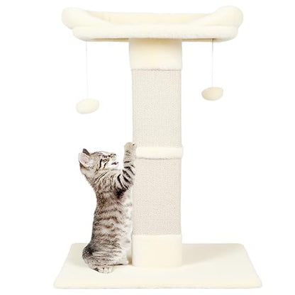34" Cat Scratching Post for Indoor Cats, Sisal Cat Scratcher with Large Plush Perch, Vertical Posts with Elevated Bed and with Two Dangling Balls, Removable & Washable Cover, Beige White - color: Beige white