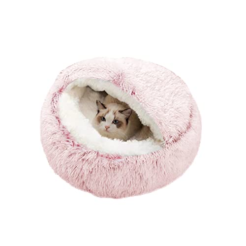 SUOXU Anti-Anxiety Cat Bed, Plush Hooded Cave, 20 in Diameter, Suitable for Small to Medium Pets, Pink - color: Pink