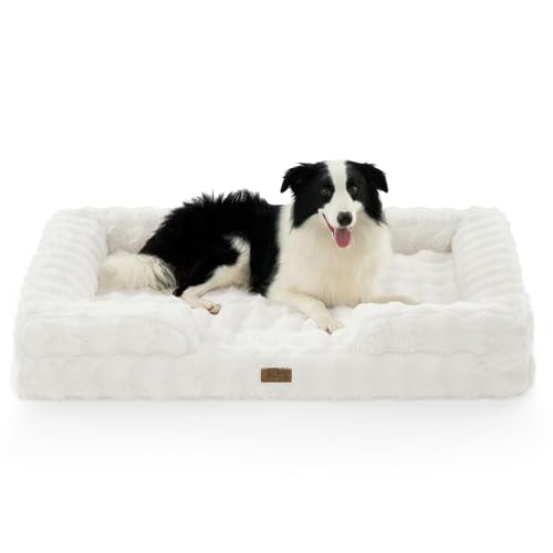 COZY KISS Orthopedic Dog Bed for Extra Large Dog, Soft and Warm Faux Fur Sofa for Giant Pet Up to 150 lbs, Foam Bolster Anti-Slip Couch with Washable Removable Cover, XXL 48x35x8 inch, Beige - color: Beige, size: 48x35x8 inch