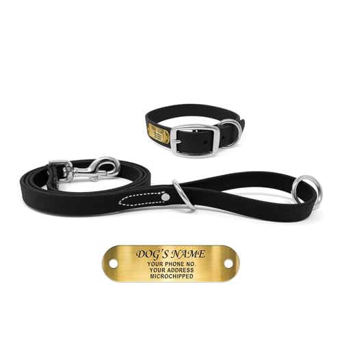 Regal Dog Products Large Black with Custom Engraved Waterproof Dog Collar and Leash Set | Waterproof Dog Collar with Double Buckle & D Ring - 5'ft Leash | Matching Dog Collar and Leash for Dogs - color: Black, size: Large Collar with leash