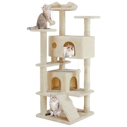 Cat Tree 54 Inch, Multi-Level Cat Tower with Condo, Perches, Sisal Scratching Posts and Climbing Ladder, Pet Play Toy Balls House for Indoor Cats, Beige - color: Beige, size: 54IN
