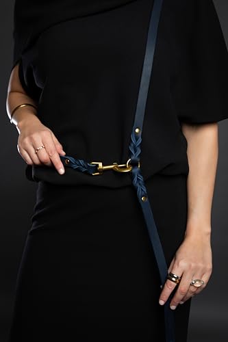 NOAH & PAW Leather Dog Leash, Premium Oil-Waxed Leather Braided, 8 ft Long Dog Leash with 6 Ways to Use Hands-Free, Quick-tie, Double Pet Lead Etc. Matching Collar Available. (Dark Blue) - color: Dark Blue
