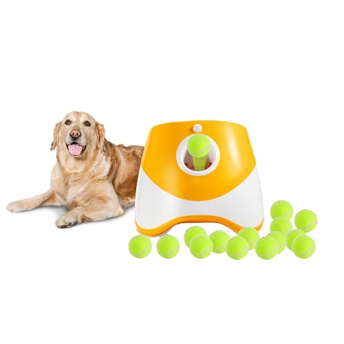 Dog Ball Launcher – Automatic Dog Ball Thrower for Small and Medium Dogs, Interactive Pet Toy with 6 Mini Tennis Balls & Adjustable Launch Distance, Indoor & Outdoor Play