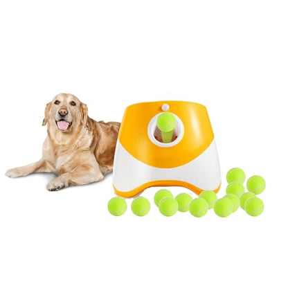 Dog Ball Launcher – Automatic Dog Ball Thrower for Small and Medium Dogs, Interactive Pet Toy with 6 Mini Tennis Balls & Adjustable Launch Distance, Indoor & Outdoor Play