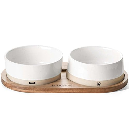 LE TAUCI PET Ceramic Dog Bowls for Medium and Small Dogs - 3.2 Cup Weighted Non-Slip Food and Water Bowls with Acacia Wood Tray, Pet Bowl Set of 2 - size: M-3.2 Cups