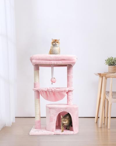 SYANDLVY Small Cat Tree for Indoor Cats, Cat Tower with Scratching Post, Modern Cat House with Padded Perch, Kittens Condo with Cradle, Cat Cave, Pink - color: Pink