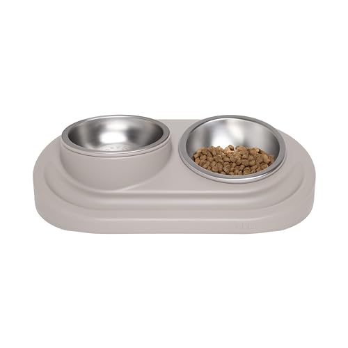 Ubbi Pet Feeding Bowls Set with Non-Slip Mat, Elevated & Flat Stainless Steel Dog or Cat Bowls, Ergonomic 15° Angled Feeder, Dishwasher Safe, Taupe - color: Taupe