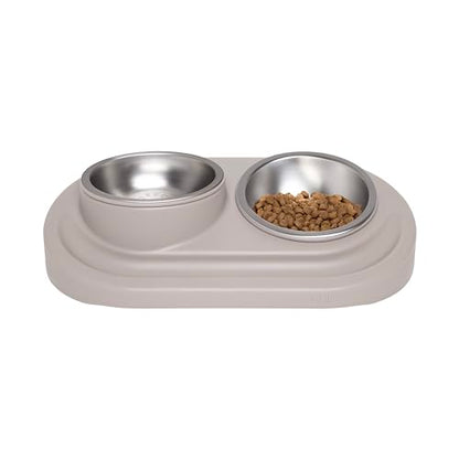 Ubbi Pet Feeding Bowls Set with Non-Slip Mat, Elevated & Flat Stainless Steel Dog or Cat Bowls, Ergonomic 15° Angled Feeder, Dishwasher Safe, Taupe - color: Taupe