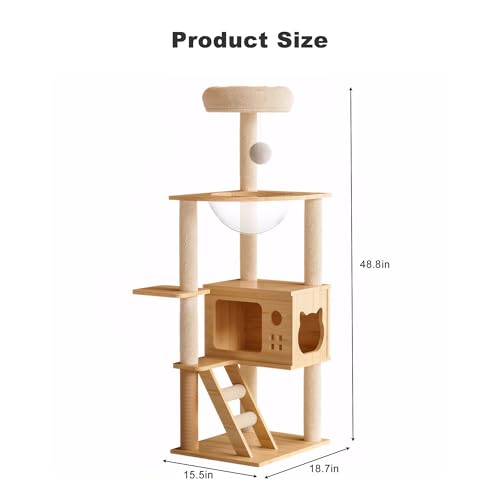 Modern Wooden Cat Tree Tower, 48.8 Inch, with Sisal Scratching Posts, Acrylic Hammock, Condo House and Ladder, for Indoor Cats