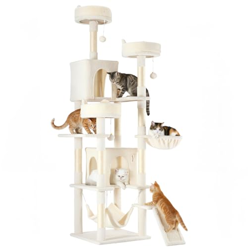 DUMOS Tall Cat Tree 75 Inch, Large Multi-Level Cat Tree Tower with Condo, Perches, Sisal Scratching Posts Board and Hammock, Pet Play House with Dangling Balls for Indoor Cats, Beige - color: Beige, size: 75 Inch